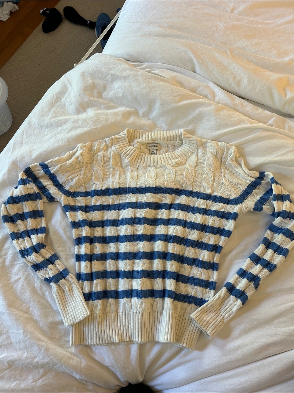 J. Crew Cream Cable-Knit Sweater with Blue Stripes